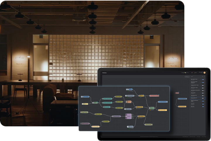 Indoor space of a modern office with lights turned on at night. SmartThings Pro's control screen open on a tablet with a diagram showing multiple connected IoT devices for automated solutions and energy-saving solutions in the office.
