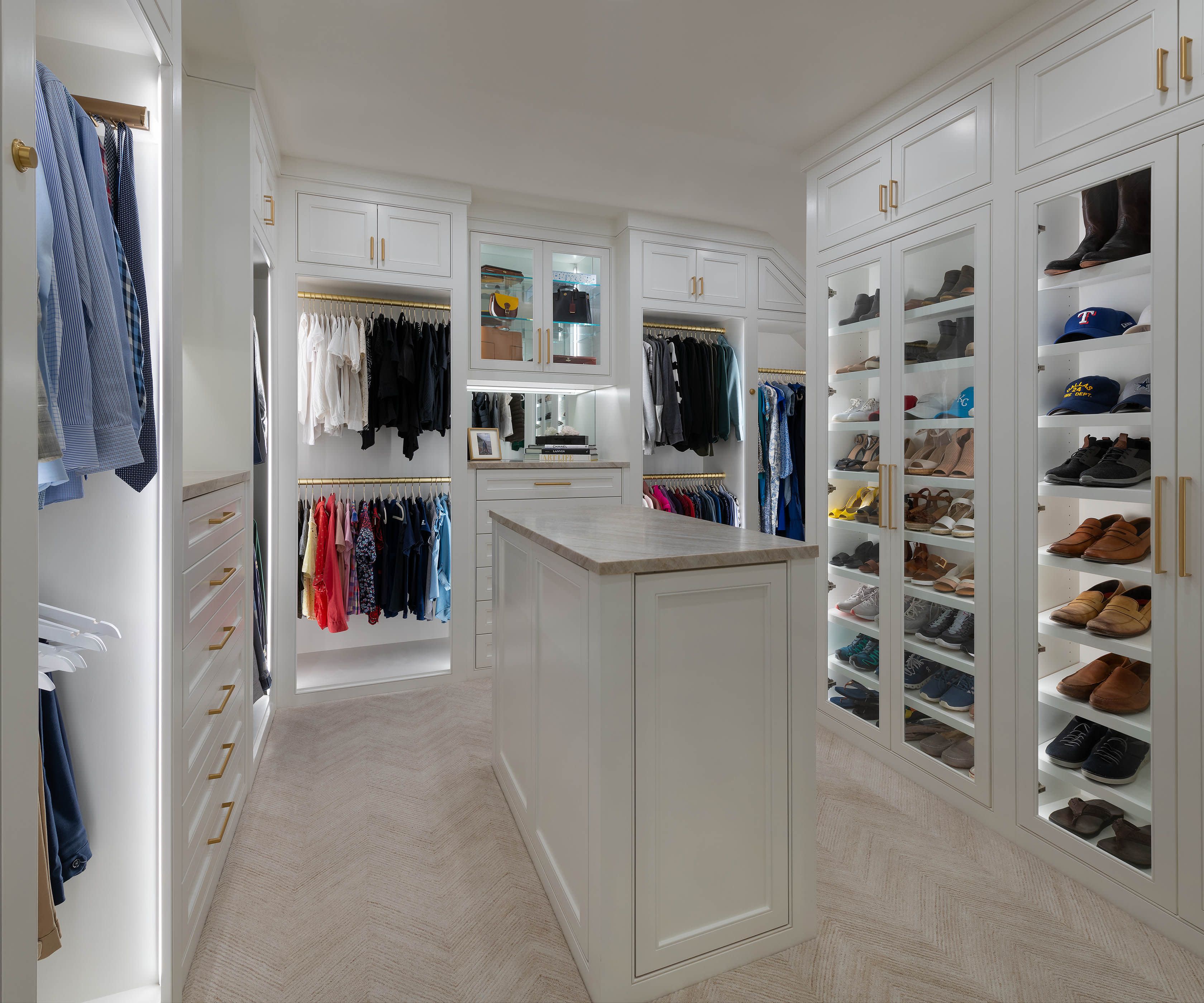 built-in dresser, custom cabinetry, closet island