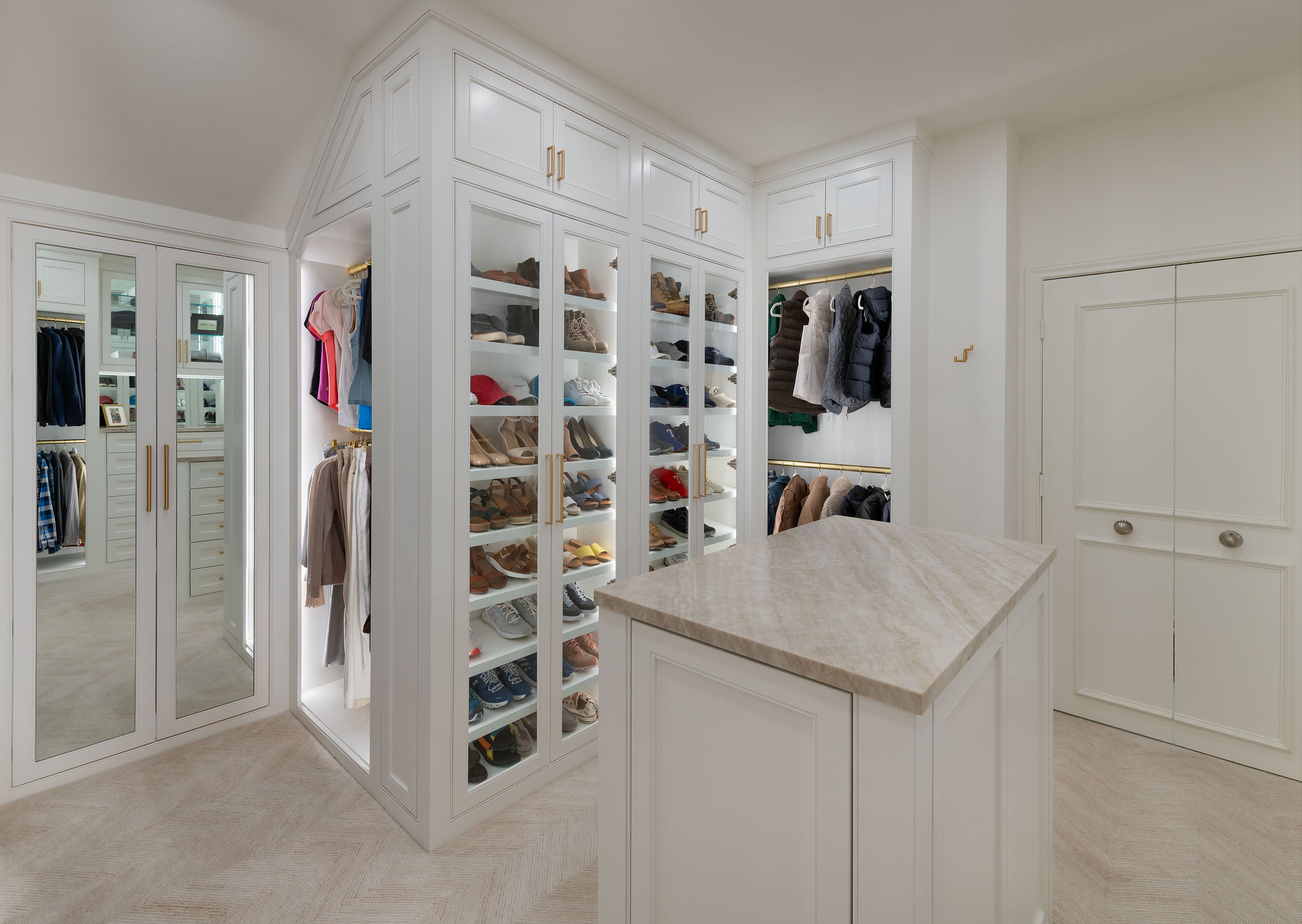 built in shoe storage, glass inset doors, custom closet