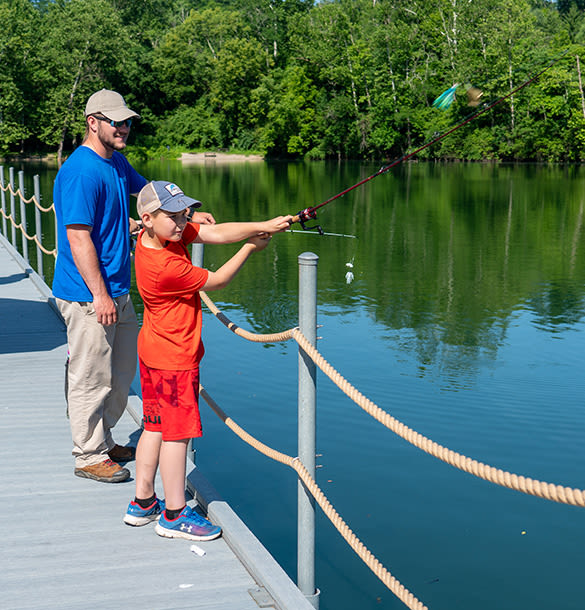 Adult and child fishing off the pier at Lake Isabella