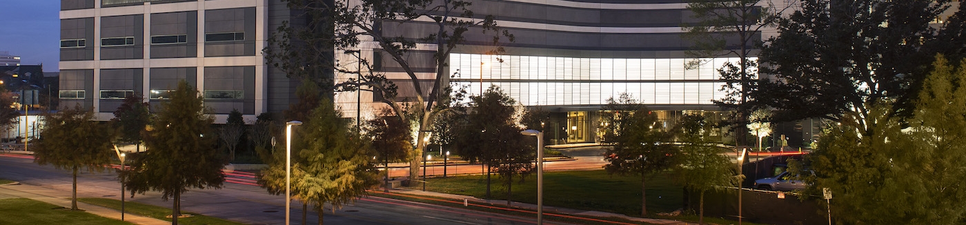 Nighttime exterior of a commercial building