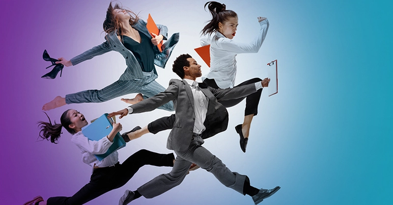 Graphic of four people in business-dress jumping through the air