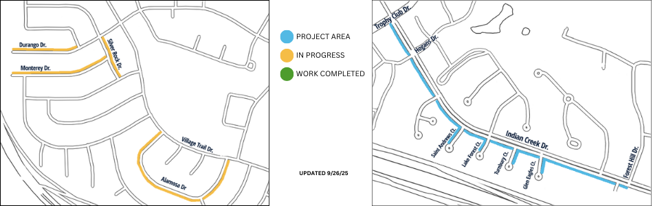Map showing streets in progress: Durango, Monterey, Alamosa. Second map showing future project area streets: Indian Creek Dr, Saint Andrews Ct, Lake Forest Ct, Turnbury Ct, Glen Eagles Ct