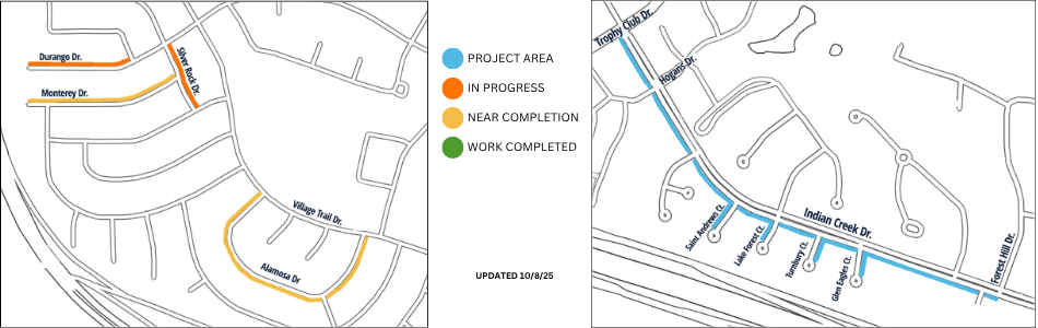 Map showing streets in progress: Alamosa, Silver Rock, Durango, Monterey. Second map showing future project streets: Indian Creek Dr, Saint Andrews Ct, Lake Forest Ct, Turnbury Ct, Glen Eagles Ct.