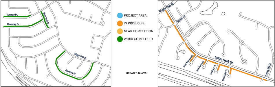 Map showing completed streets: Alamosa, Silver Rock, Durango, Monterey.  Second map showing streets in progress: Indian Creek Dr, Saint Andrews Ct, Lake Forest Ct, Turnbury Ct, Glen Eagles Ct.
