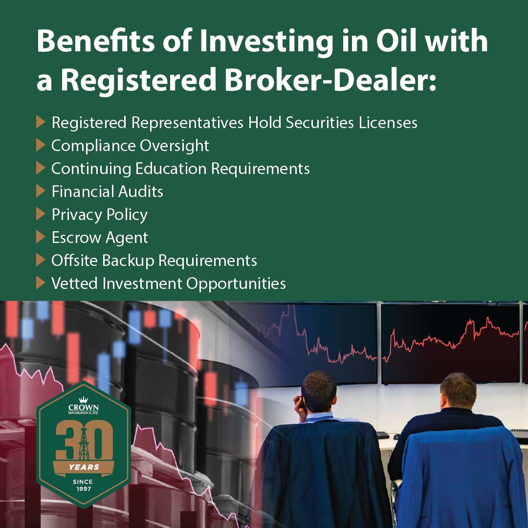Oil and gas broker-dealers with charts and text overlay: Benefits of Investing in Oil and Gas with a Registered Broker-Dealer