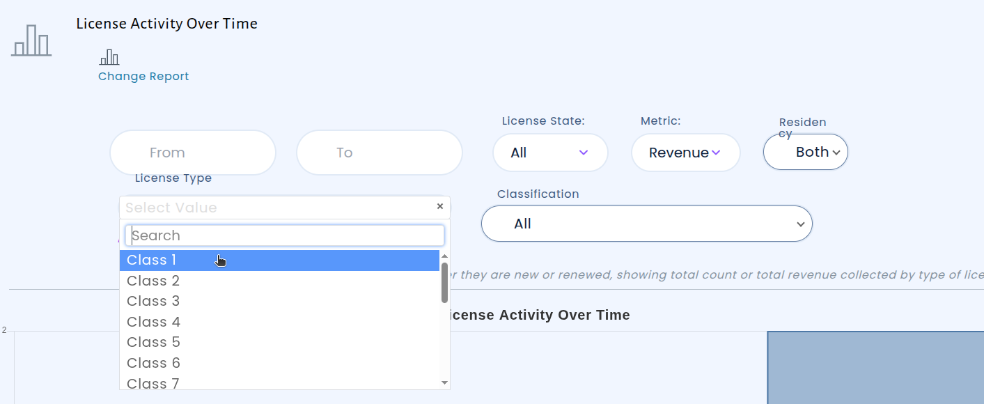 License Activity report showing the updated License State and new License Type filter controls