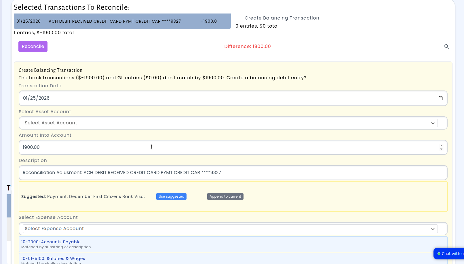 Bank reconciliation screen showing GL account suggestions for transactions with similar descriptions