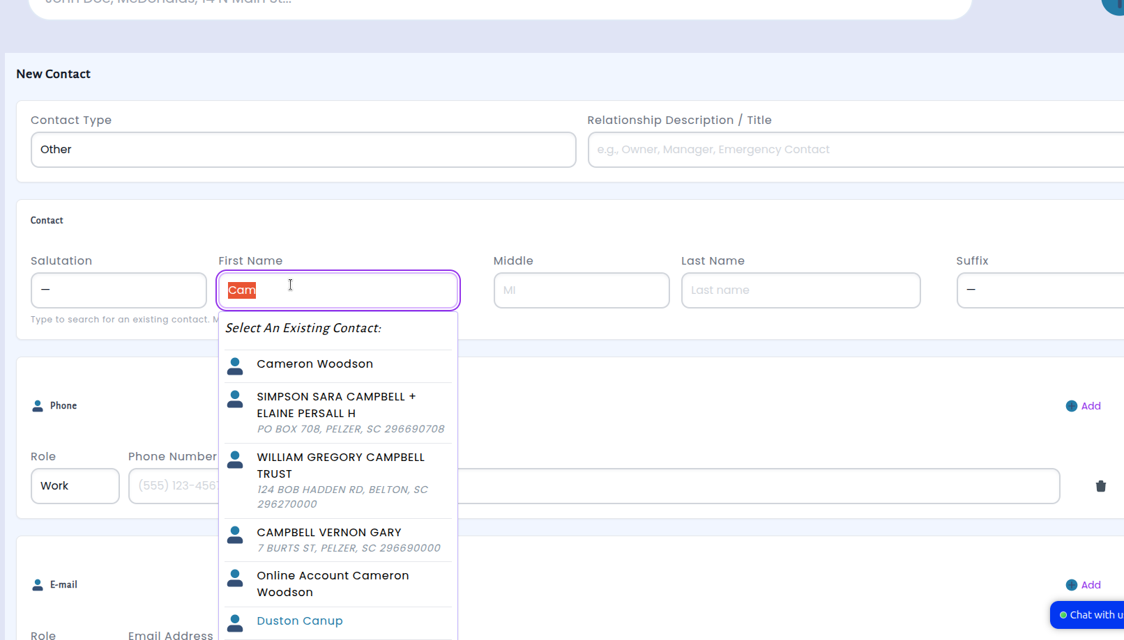 The redesigned contact form showing all contact method sections on one screen