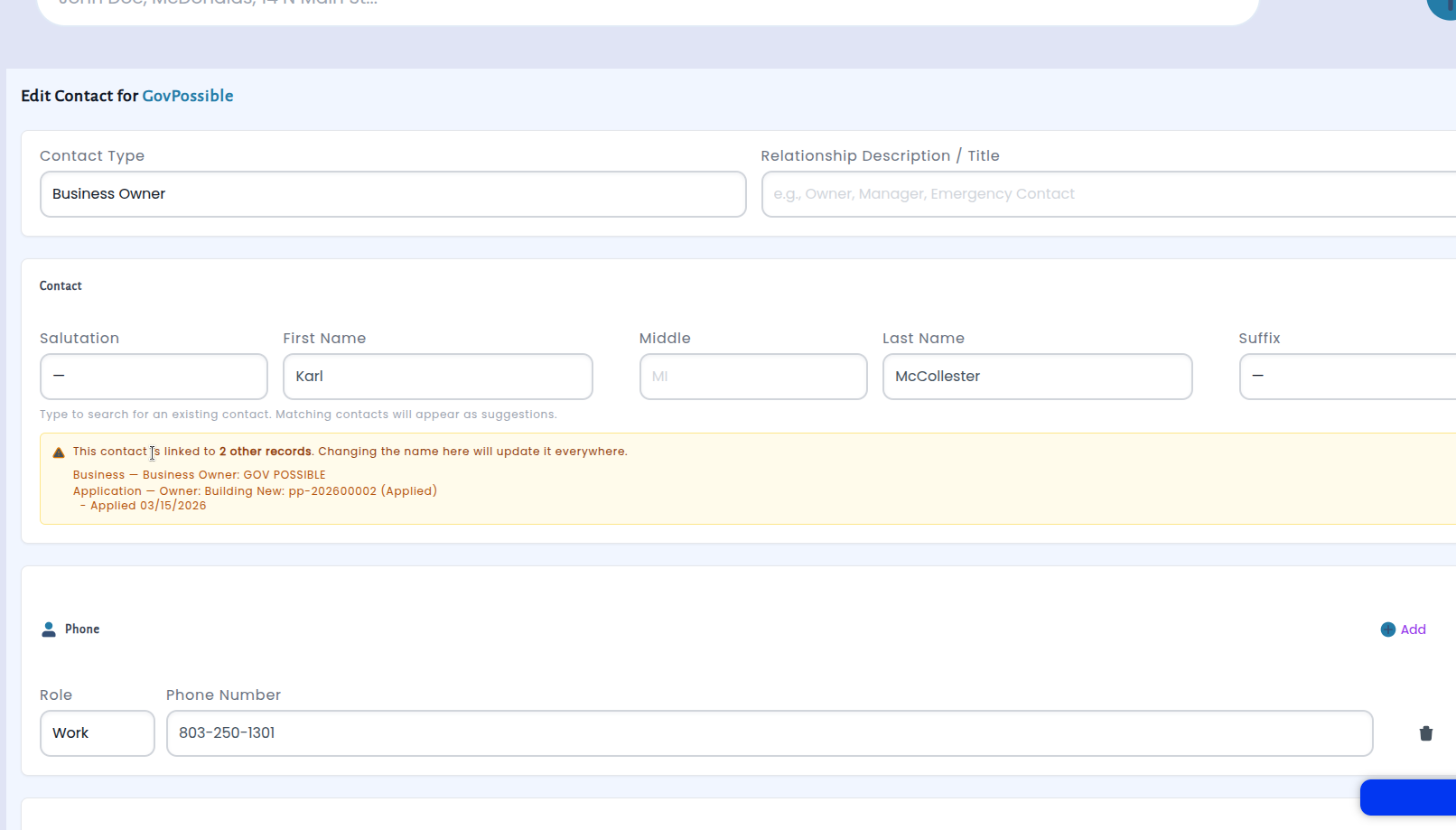 Contact methods organized by type with easy add buttons for each section