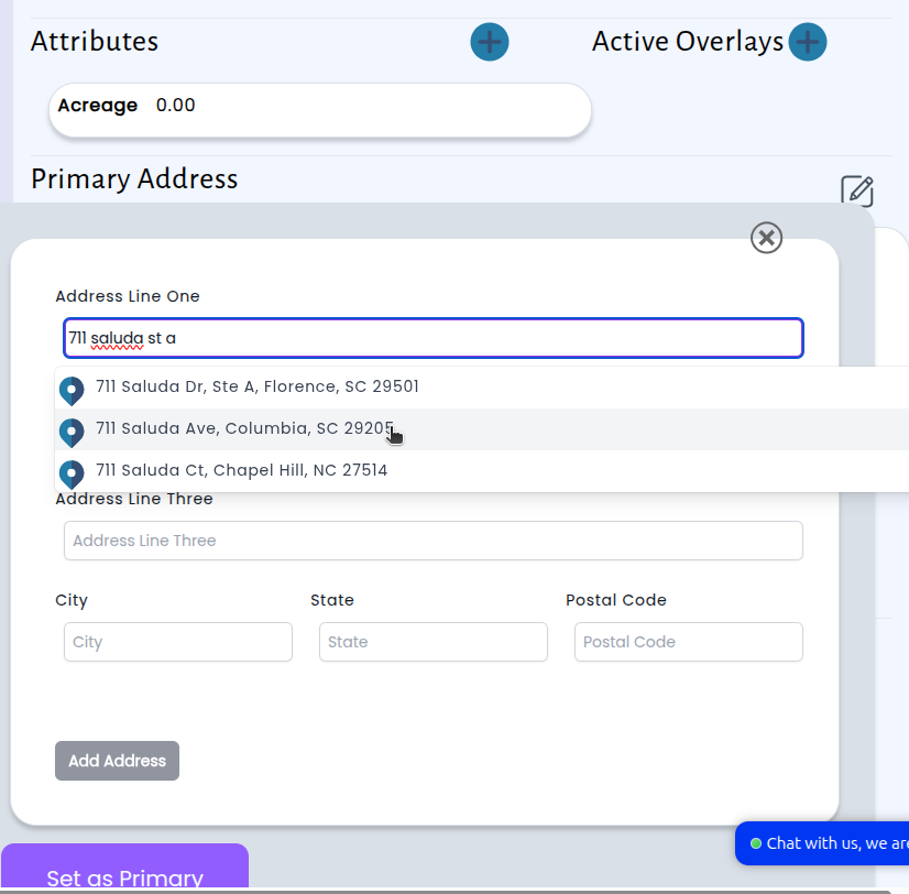Updated parcel detail page showing primary address controls