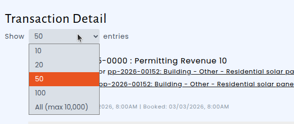 Pagination options on the Daily Cashflow report let you choose how many transactions to display at once