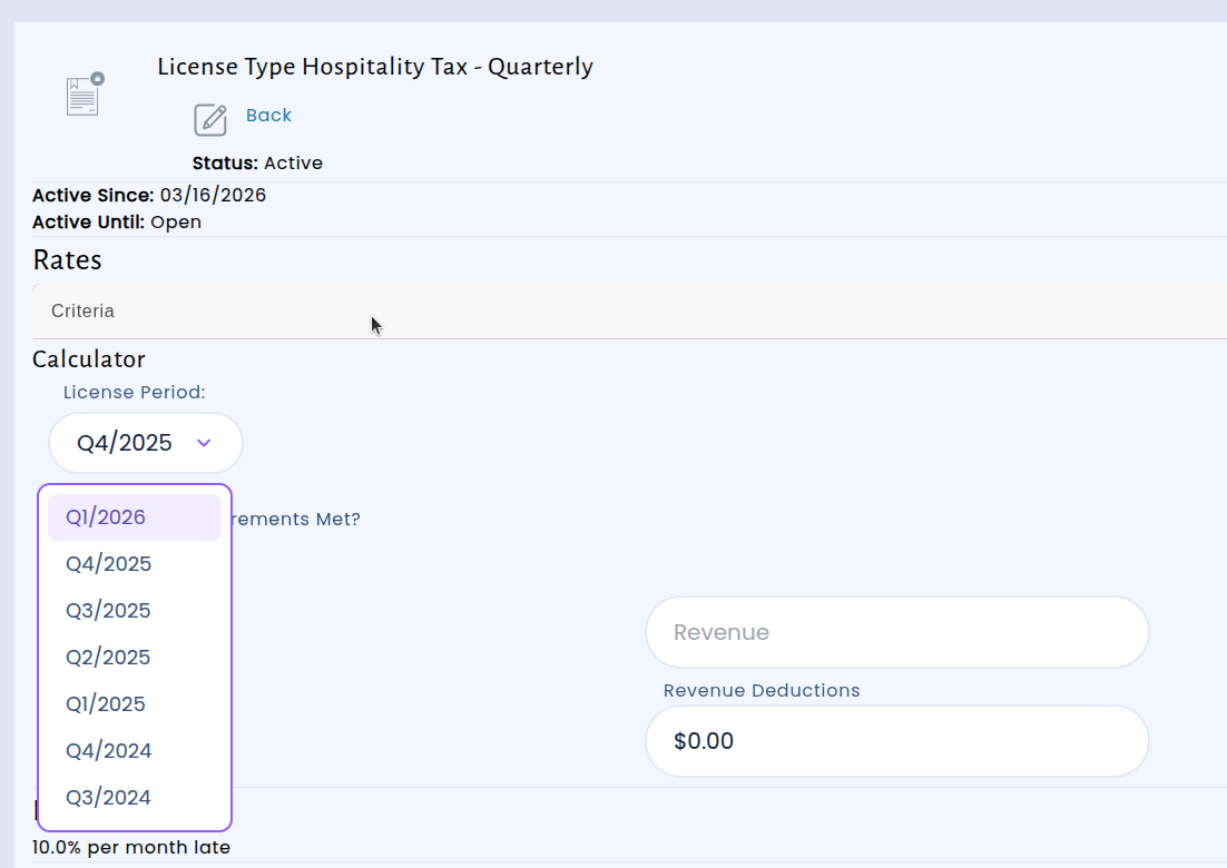 Quarterly hospitality tax license type showing the license period dropdown with quarterly options like Q1/2026 and Q4/2025