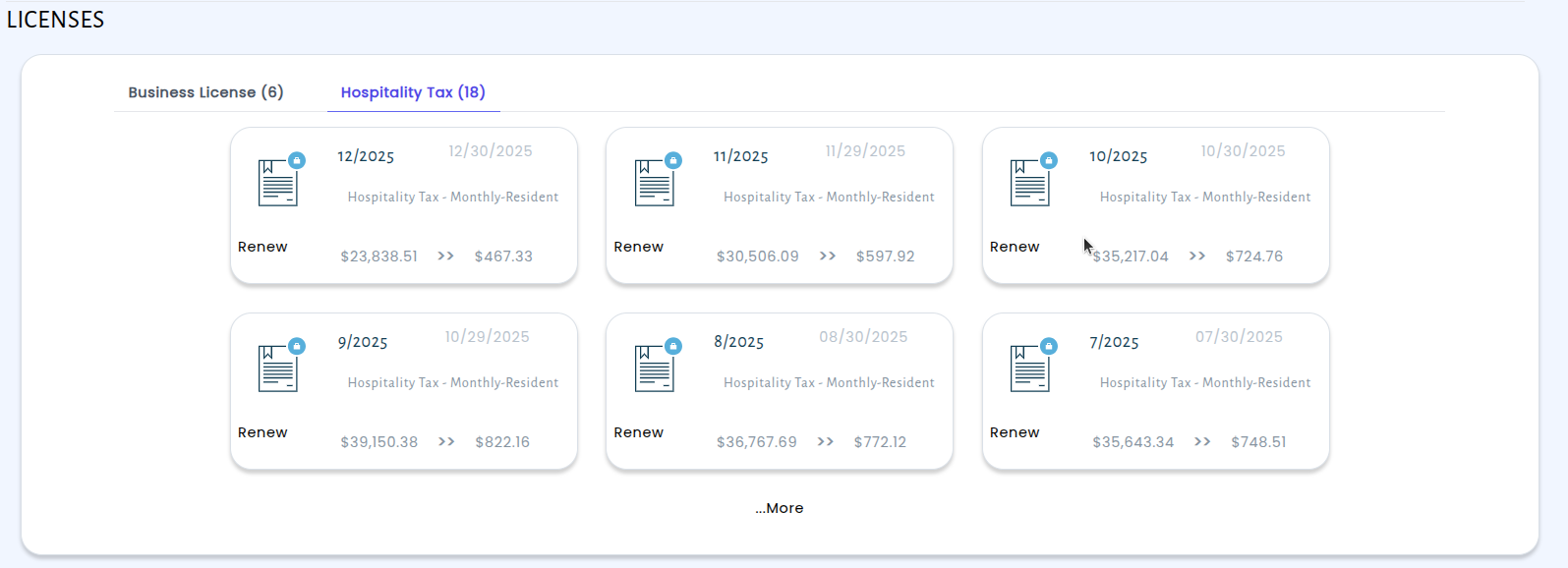 License tabs on the business detail screen showing the six most recent licenses sorted by expiration date