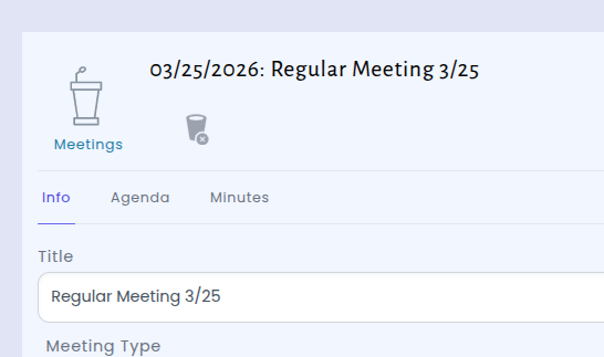 Meeting screen showing the new Info, Agenda, and Minutes tabs for streamlined navigation