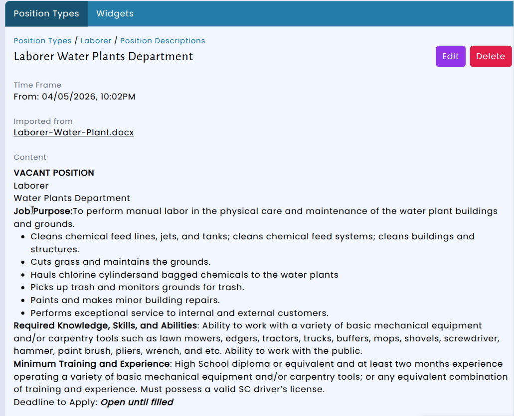 Position description view showing imported document content and download link