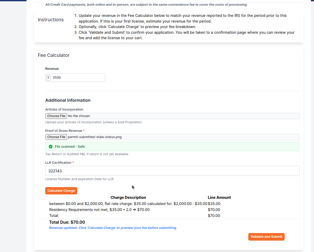 Application confirmation page showing a summary of the license details and calculated charges before adding to cart