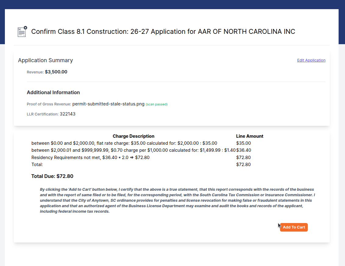 Charge breakdown table displayed on the confirmation page