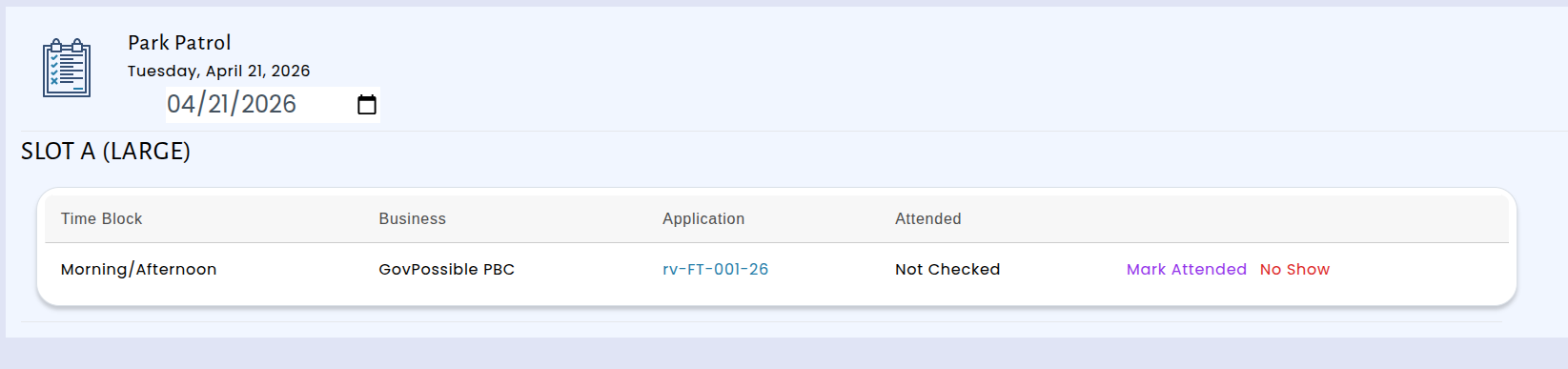 Facility details showing slot assignments, requirements, and fee tracking