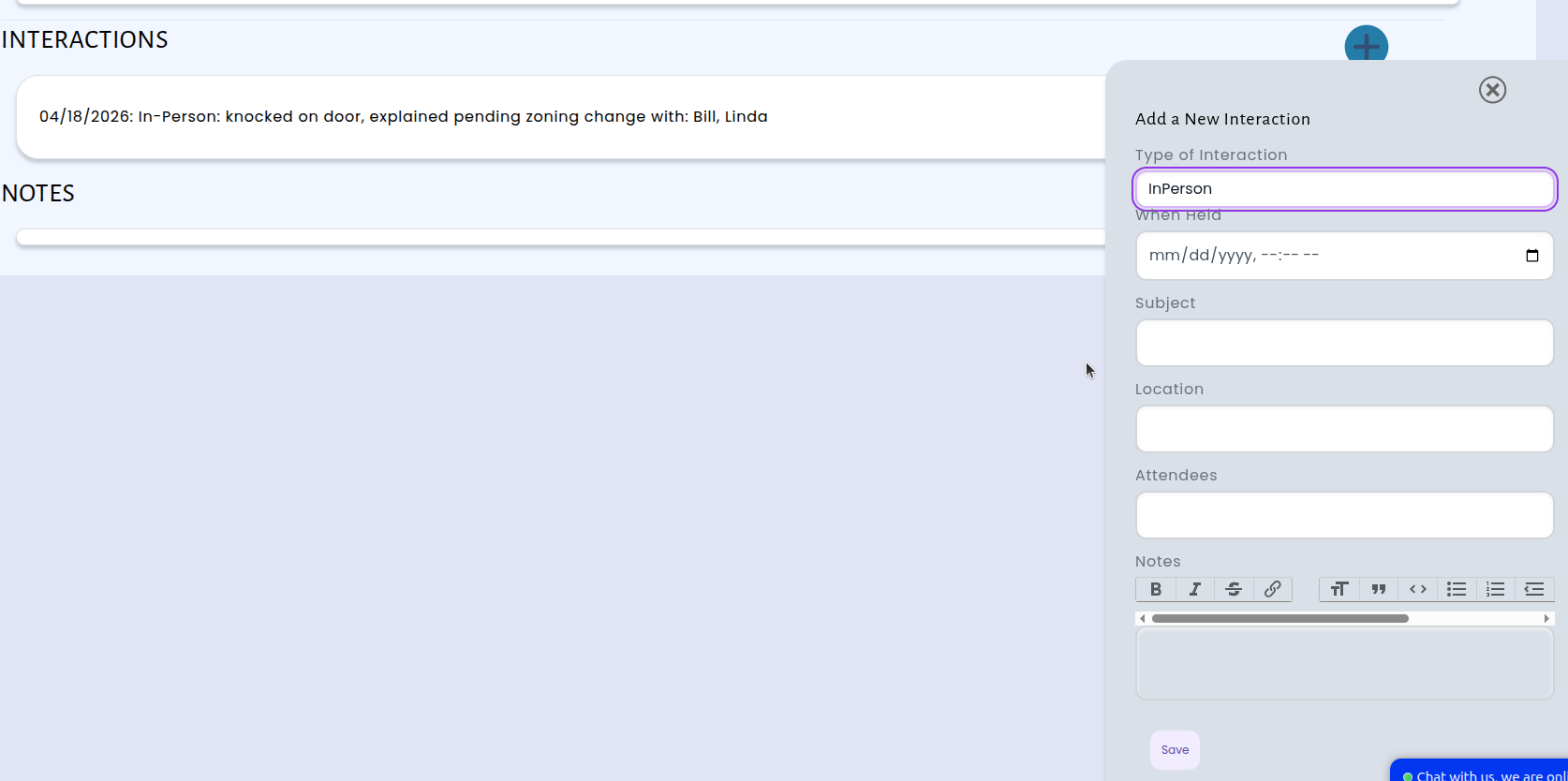 Recording an in-person interaction in the system