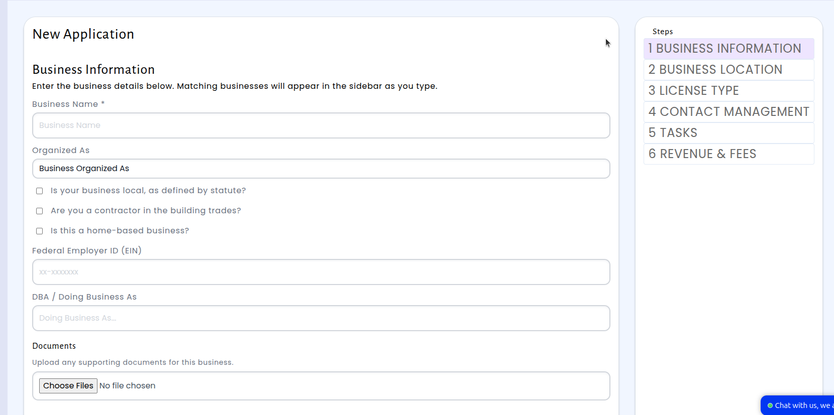 Step 1: Business Information form with fields for business name, organization type, EIN, and document uploads
