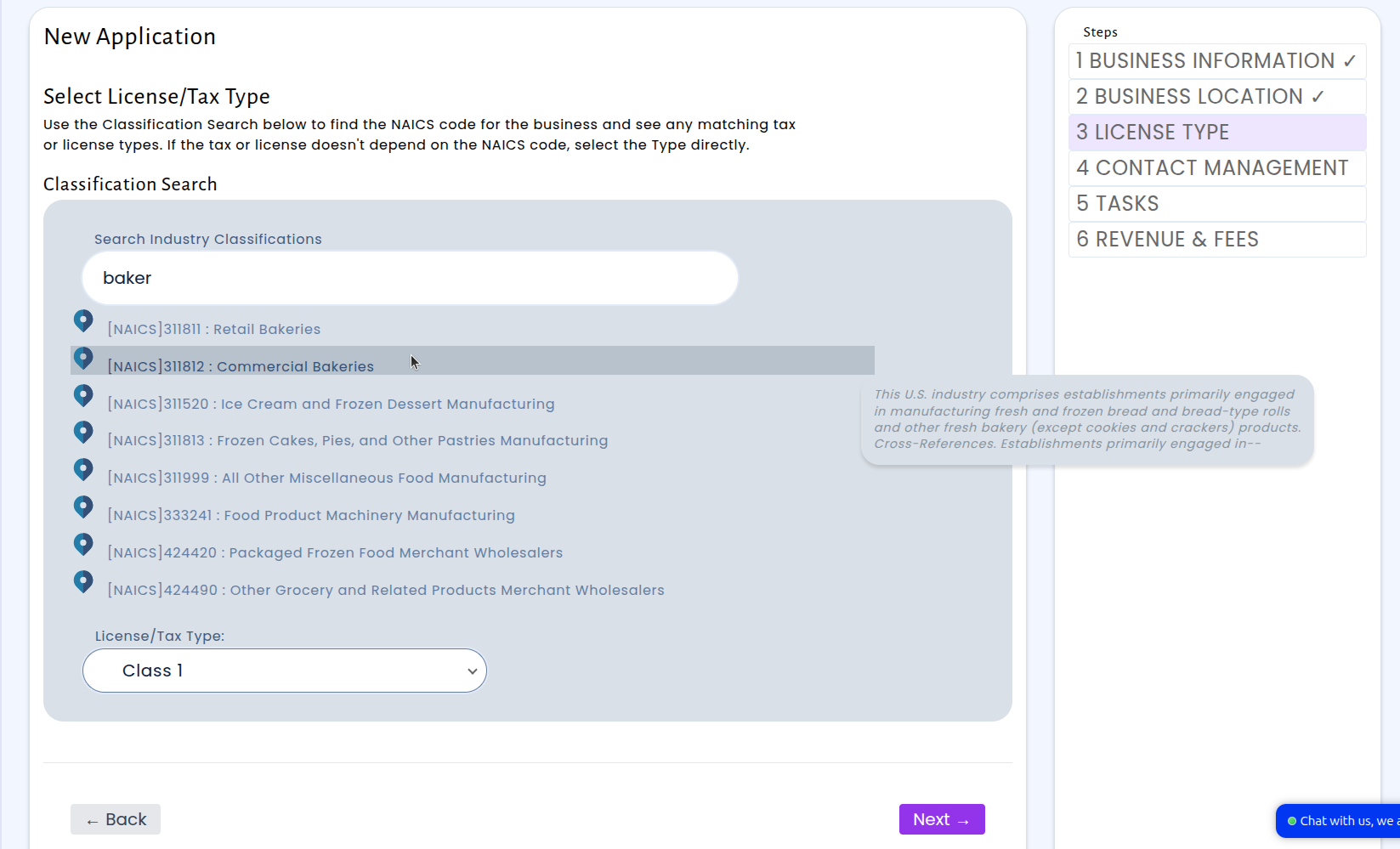 Step 3: License Type selection with NAICS industry classification search and matching results