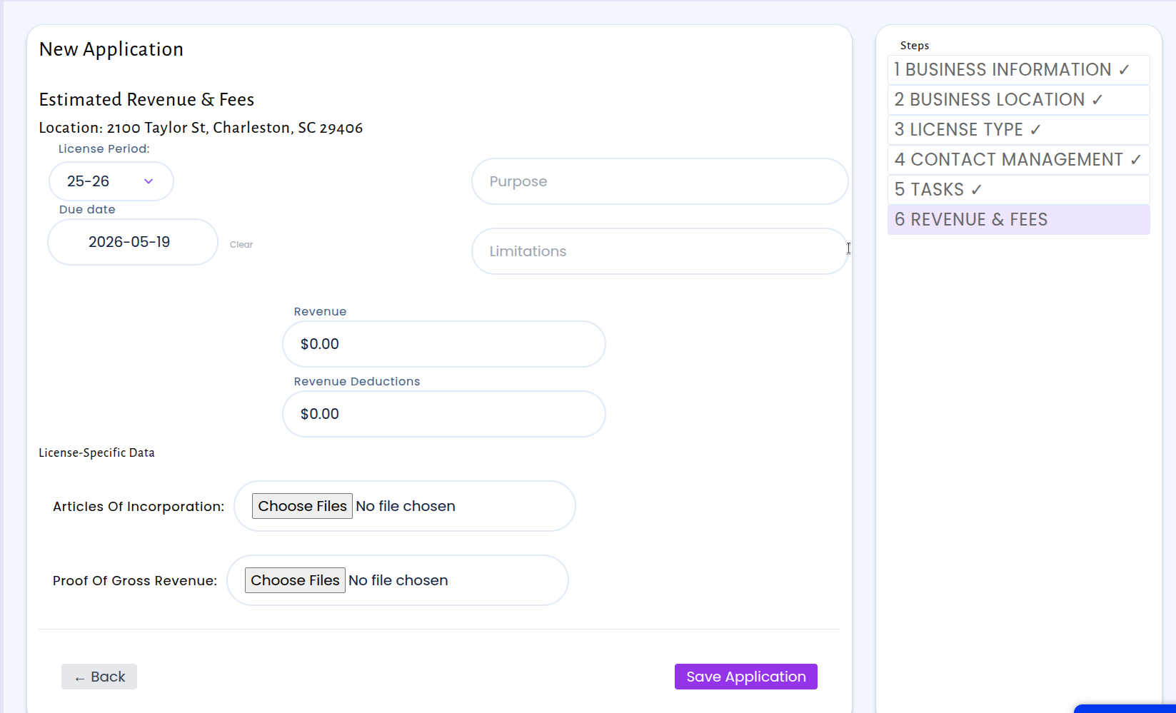 Final step: Revenue and Fees with license period, due date, revenue fields, and document uploads, with all previous steps marked complete
