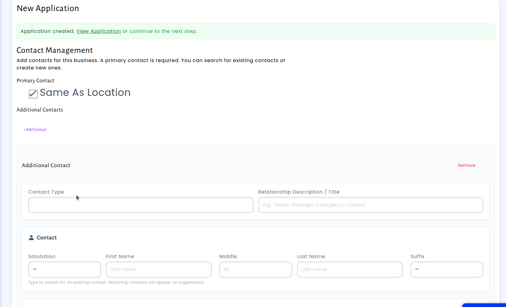 Contact Management step showing primary contact options and the ability to add multiple additional contacts