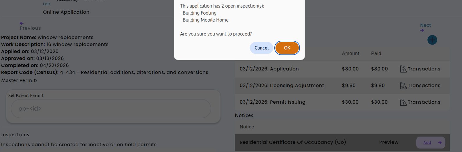 Warning dialog showing outstanding inspections that need to be completed before finalizing a permit application