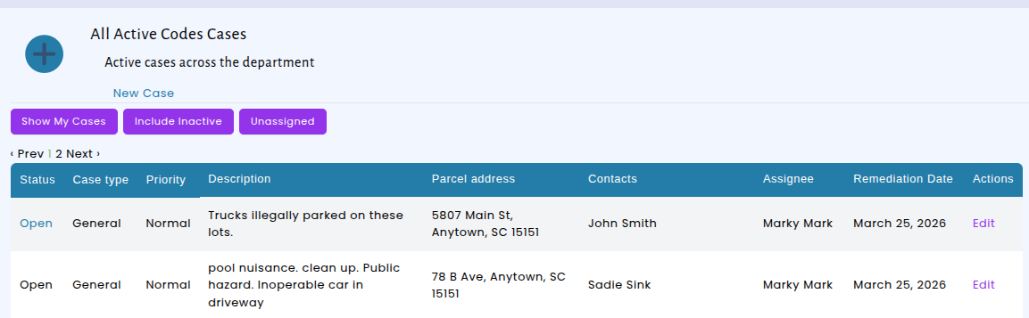 Updated Codes Enforcement Cases index showing the new Remediation Date column and clickable rows