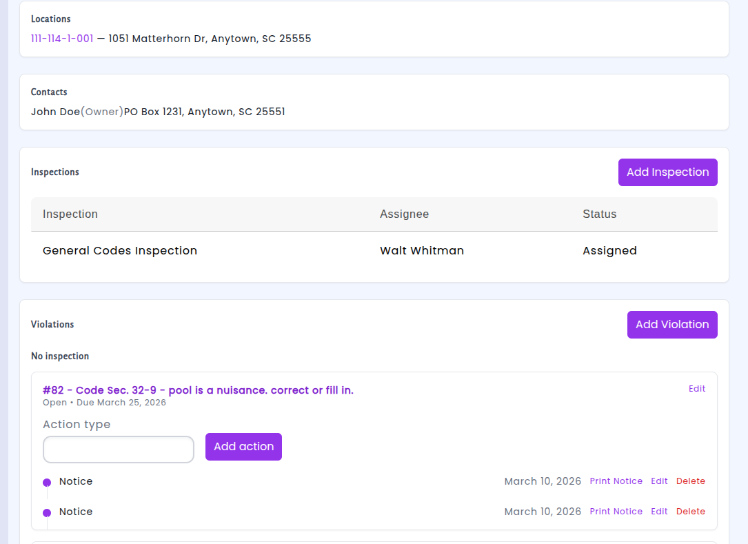 Updated Codes Enforcement case detail page showing the improved location link and streamlined action buttons