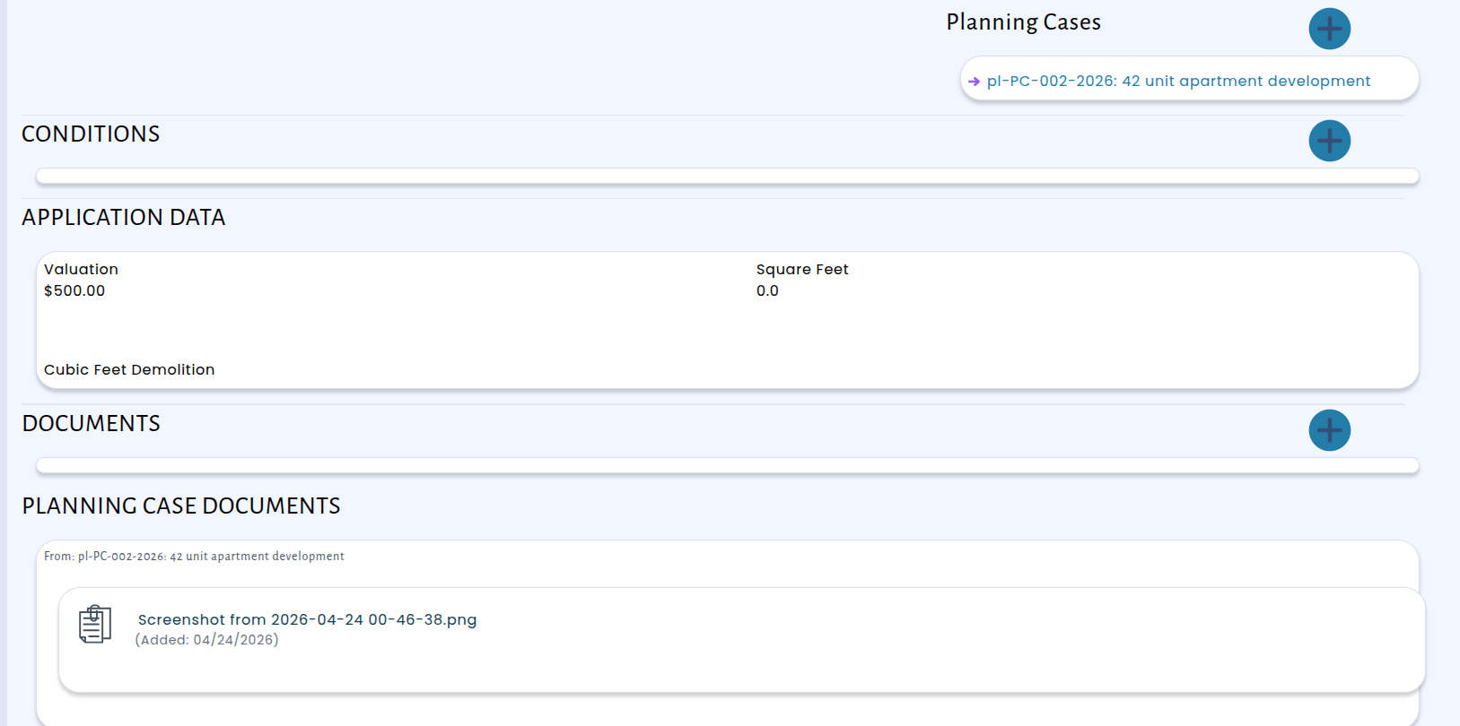 Planning Case Documents section displayed on a permitting application page