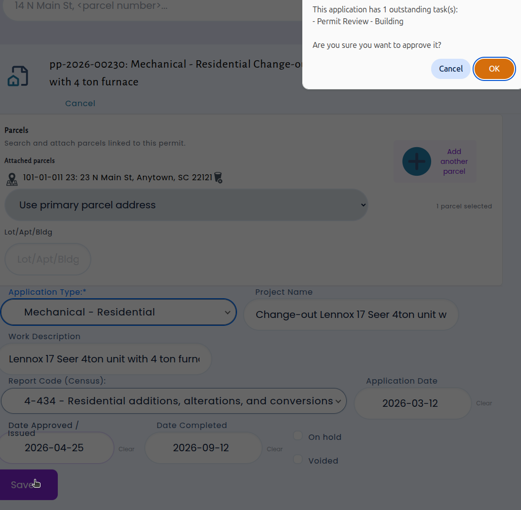 Warning dialog listing outstanding tasks when approving a permit