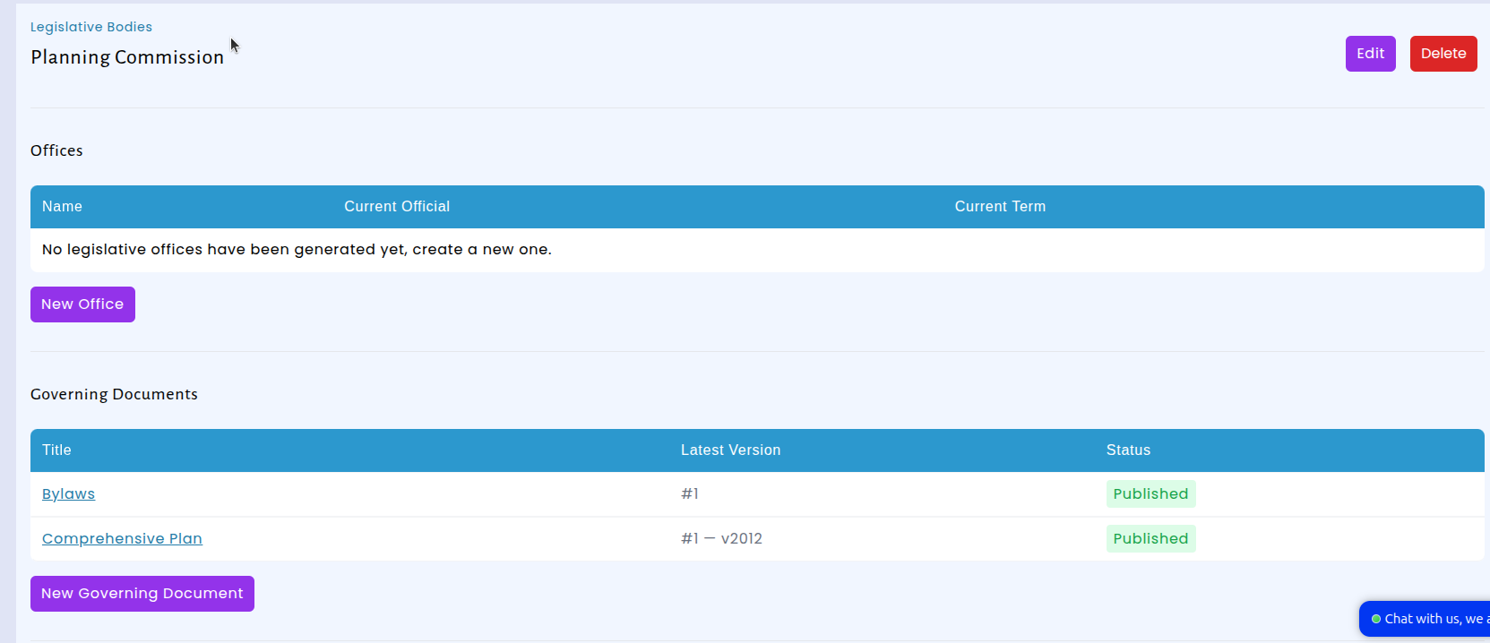 Bylaws management interface showing versioned document uploads