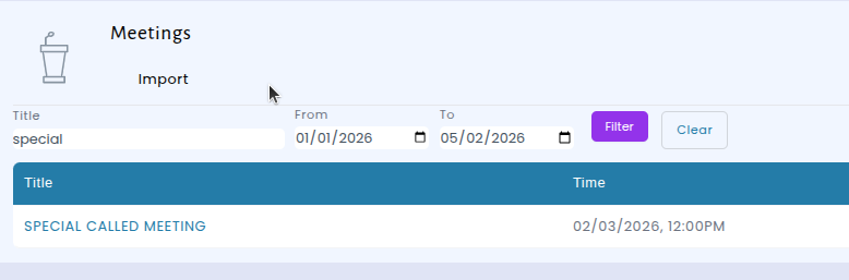 Meetings index page showing the new search and filter controls with pagination