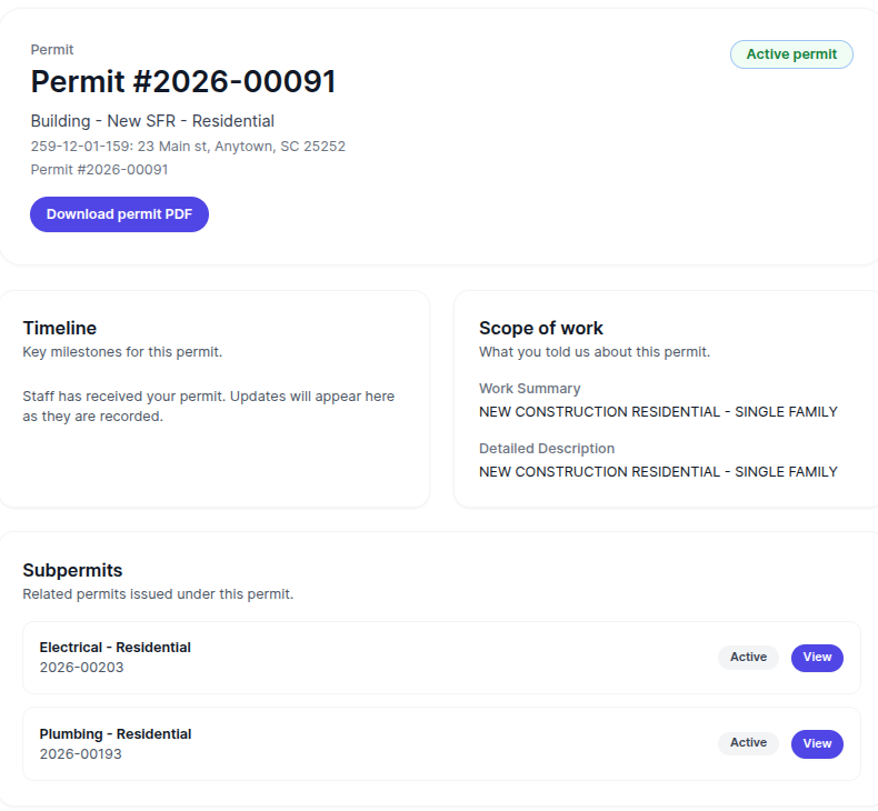 Inspection type dropdown showing subpermit labels