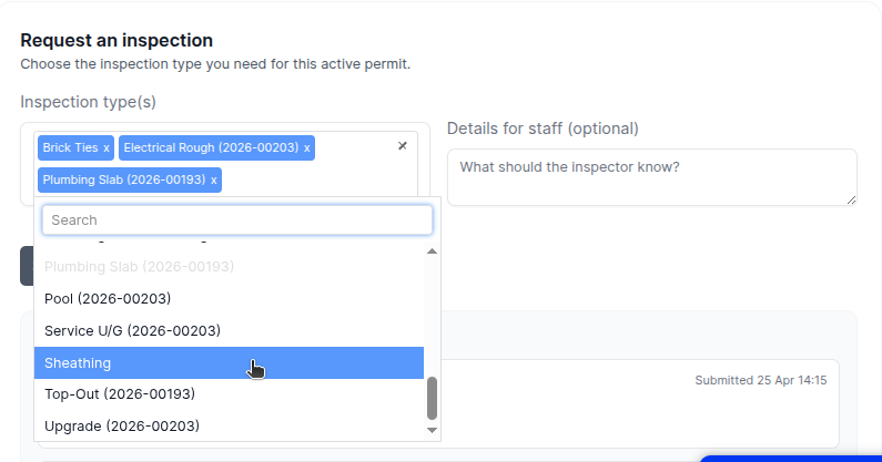 Batch inspection request with multiple selections
