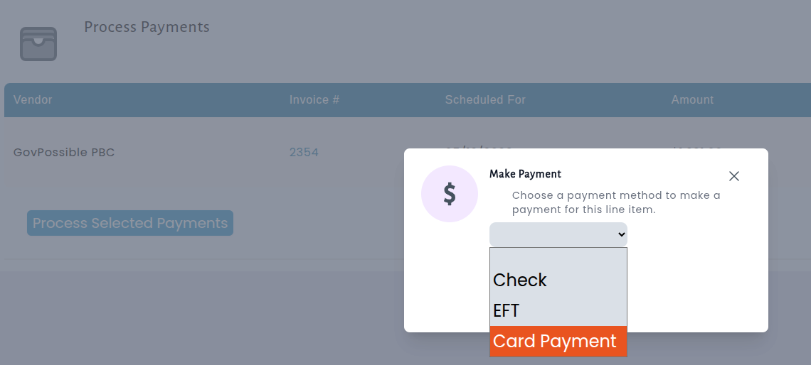 Payment method selection showing the new Card Payment option alongside Check and EFT