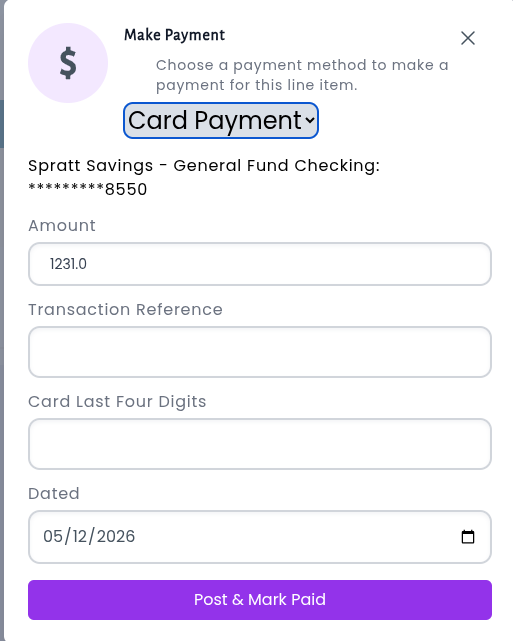 Card payment detail page displaying transaction information and linked invoices