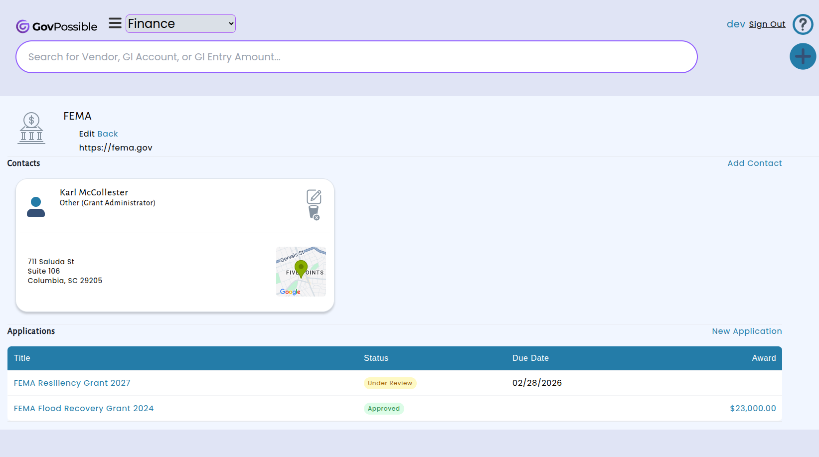 Grant application tracking with status, deadlines, and documents