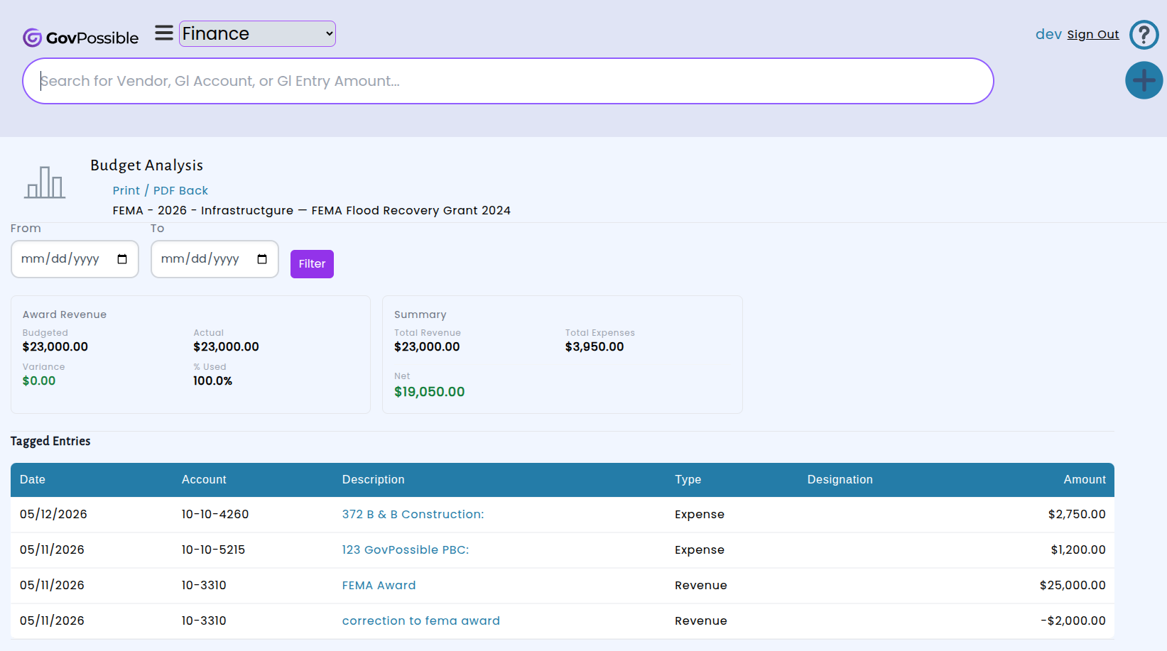 Tagging financial transactions to a grant award