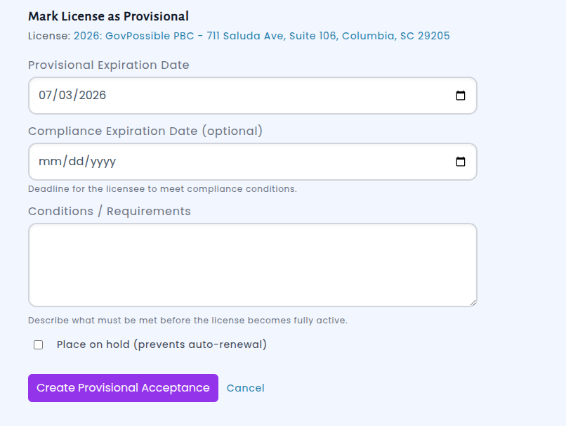 Provisional acceptance form with expiration date and condition fields