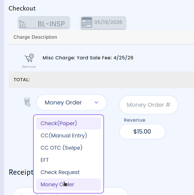 Cash Receipting checkout screen showing Money Order as a payment option