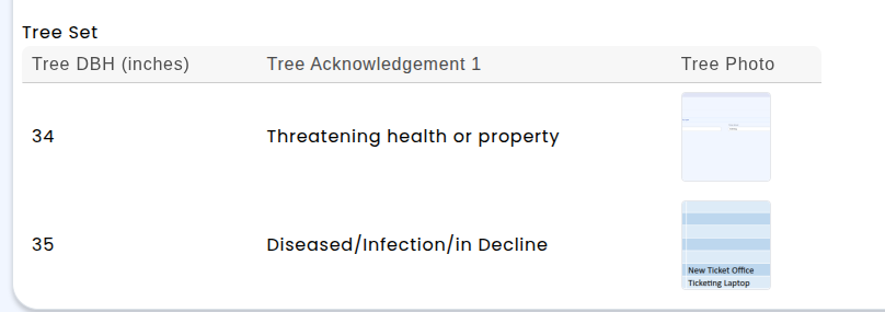 Completed form entries showing multiple tree records