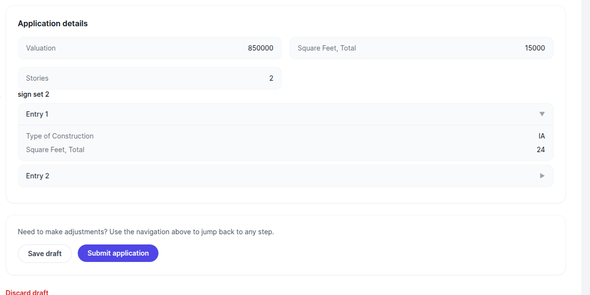 Portal view of submitted application with repeatable field group data displayed clearly