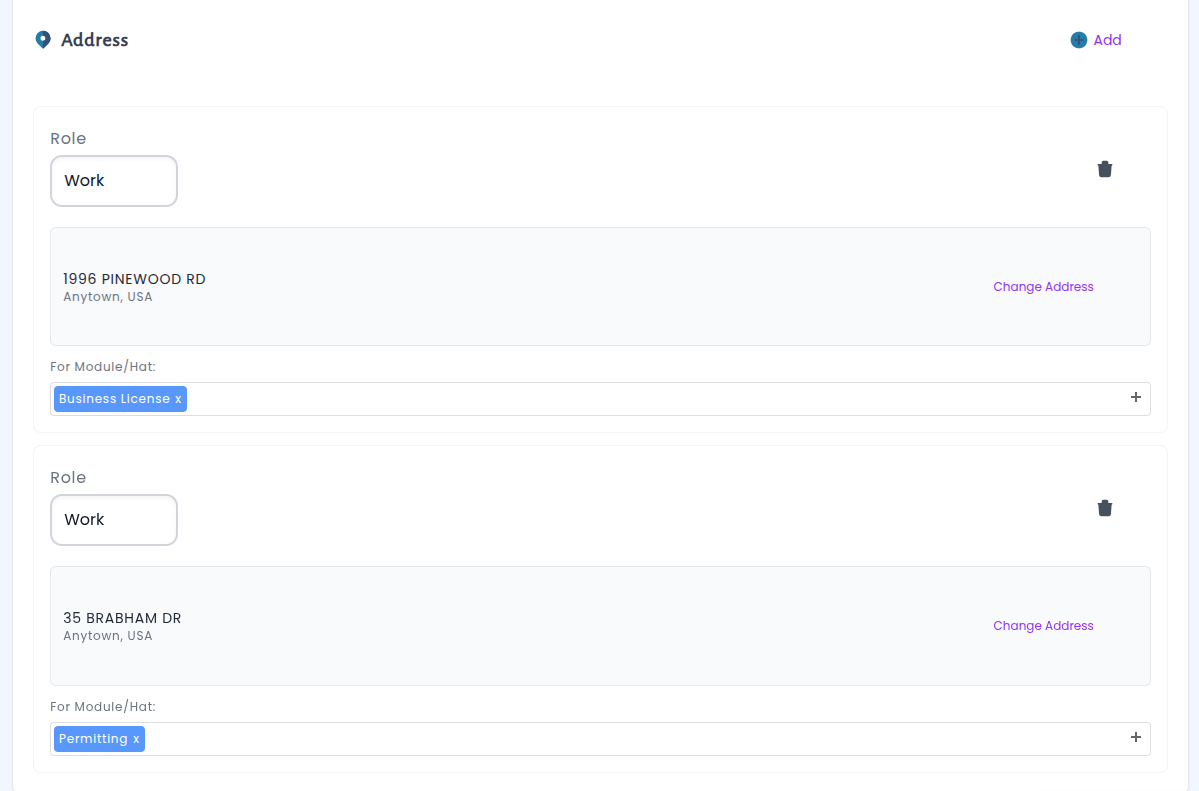 Screenshot showing the contact relation interface with department-specific address and email designations
