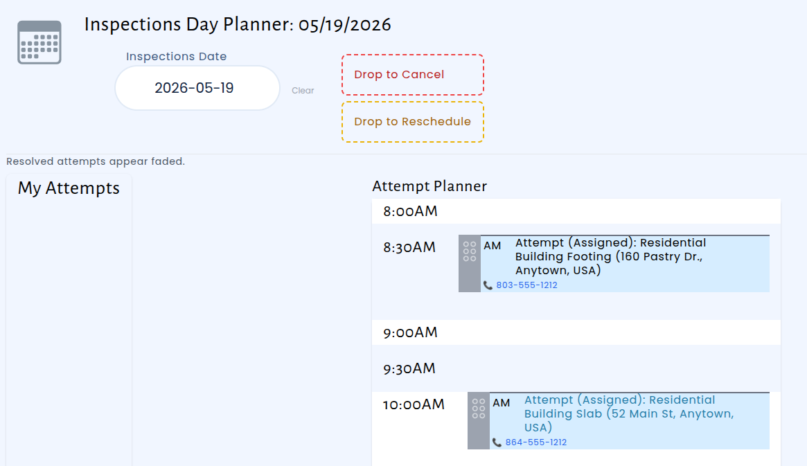 Inspection card showing the requestor's phone number directly on the day planner view