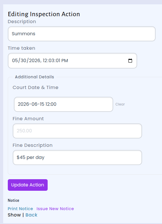 Generated summons notice PDF with case details and court information