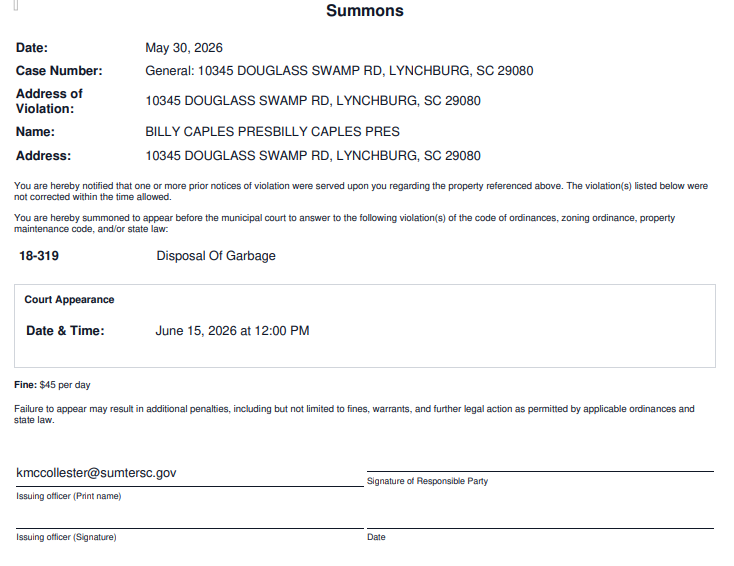 Printed summons document ready for service