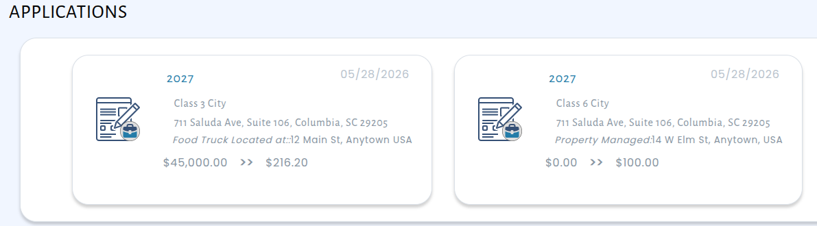 License application form with a dynamic parcel section labeled for the business type
